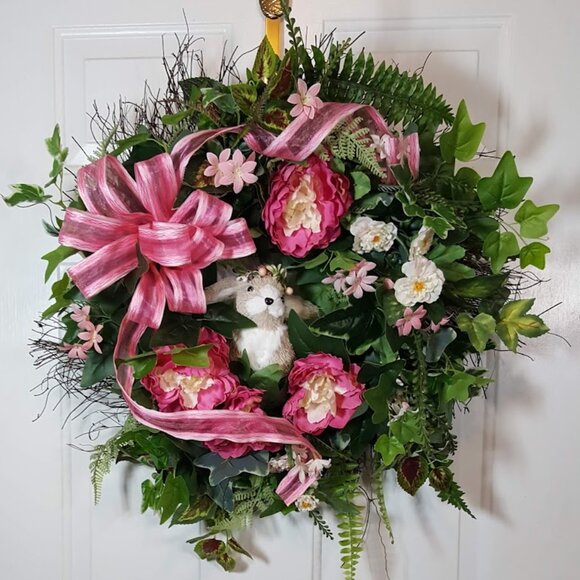 Pink Spring Easter Bunny Wreath, Easter Grapevine, Floral Wreath, Hand Crafted - Picture 3 of 11